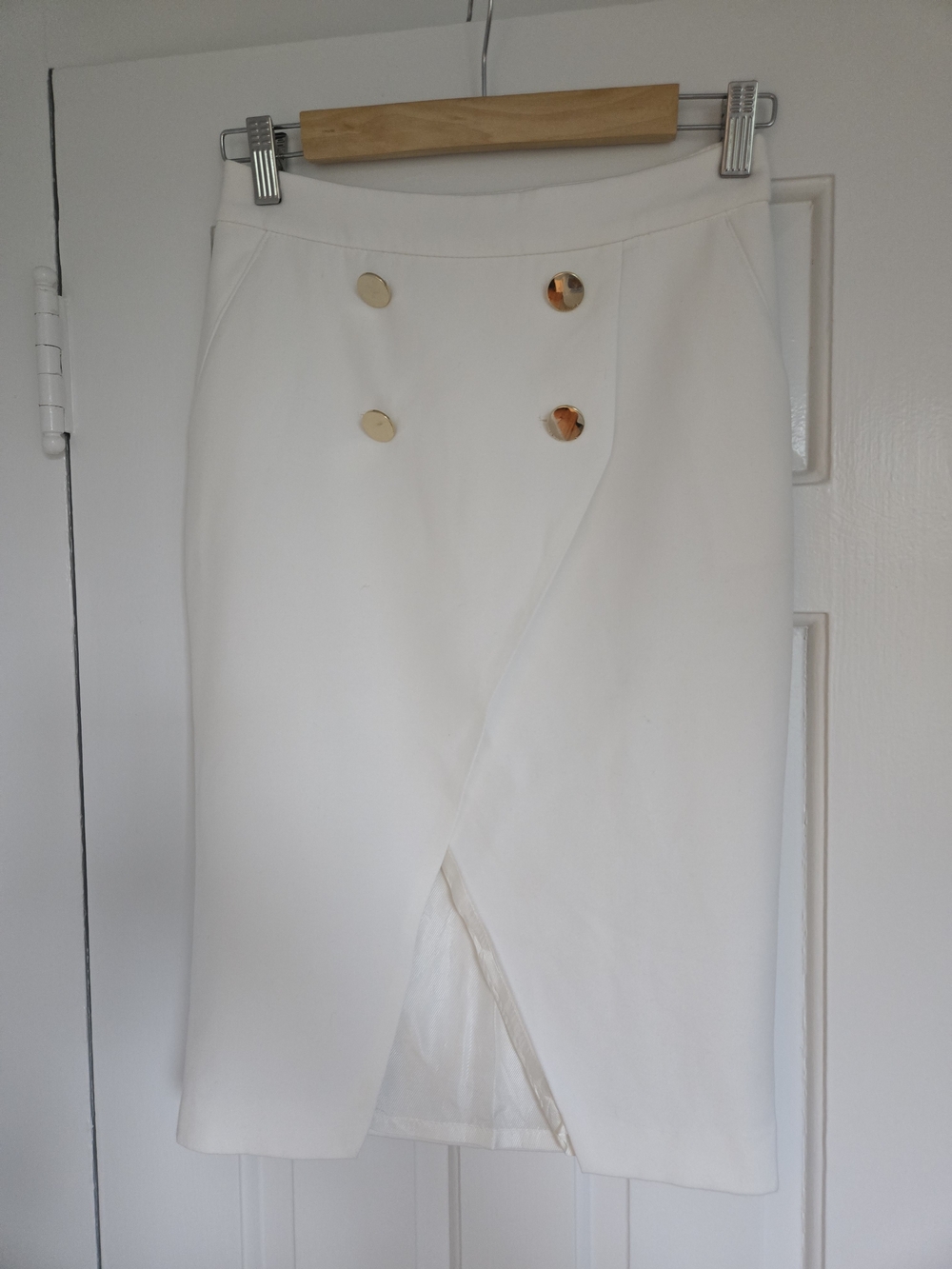 Zara White Faux-Wrap Pencil Skirt with Gold Buttons